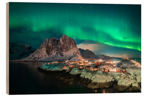 Hout print Northern Lights over Lofoten