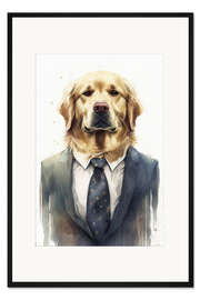 Gerahmter Kunstdruck Golden Retriever mit Anzug und Krawatte