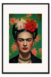 Gerahmter Kunstdruck Frida Kahlo mit Blumen im Haar
