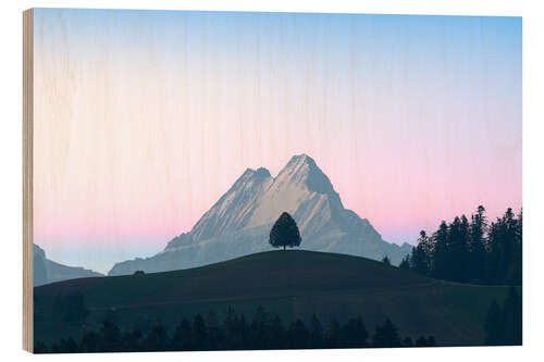 Wood print Schreckhorn and a lonely tree