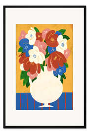 Gerahmter Kunstdruck Farbenfrohe Blumenvase auf gelbem Hintergrund