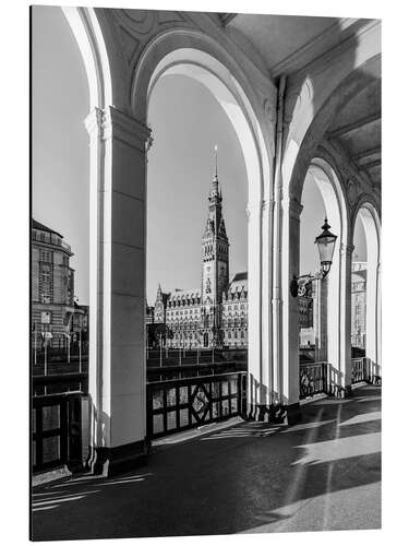 Alubild Alsterarkaden und das Rathaus in Hamburg