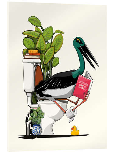 Acrylic print Black Stork Sitting on the Toilet with a Joke Book