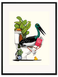 Gerahmter Kunstdruck Schwarzstorch auf der Toilette mit einem Witzebuch