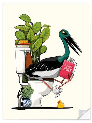 Selvklebende plakat Black Stork Sitting on the Toilet with a Joke Book