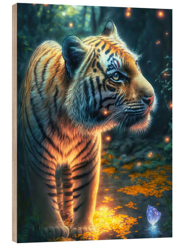 Quadro de madeira Little tiger in the magic forest