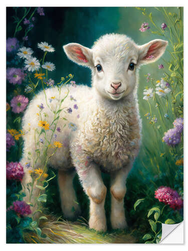 Självhäftande poster Little lamb in the flower meadow