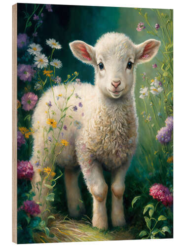 Cuadro de madera Little lamb in the flower meadow