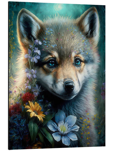 Aluminium print Wolf pup with flowers