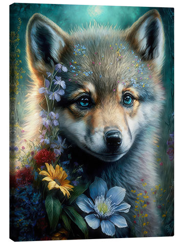 Canvas-taulu Wolf pup with flowers