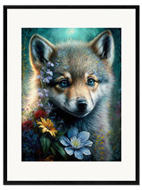 Plakat artystyczny premium w ramie Wolf pup with flowers