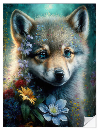 Naklejka na ścianę Wolf pup with flowers