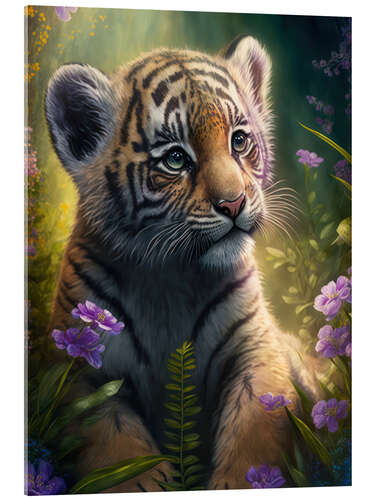 Acrylic print Tiger cub with jungle flowers