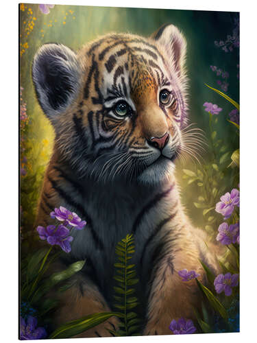 Aluminium print Tiger cub with jungle flowers