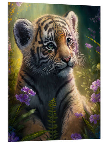 Foam board print Tiger cub with jungle flowers