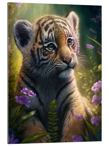 Gallery print Tiger cub with jungle flowers