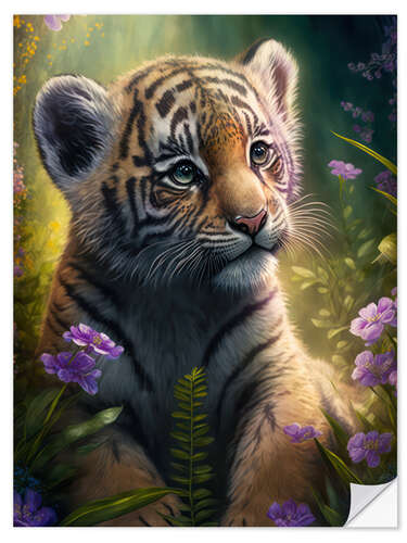 Selvklebende plakat Tiger cub with jungle flowers