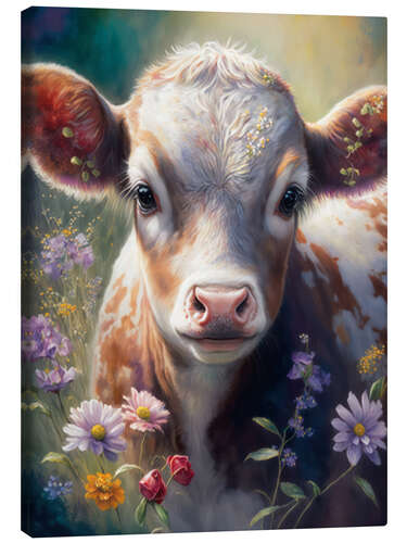 Canvas print Little calf with wildflowers