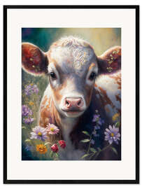 Impresión de arte enmarcada Little calf with wildflowers