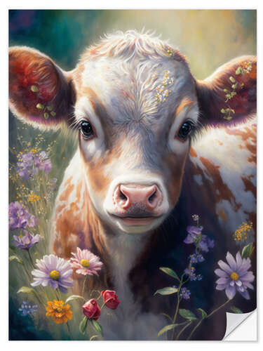 Selvklebende plakat Little calf with wildflowers