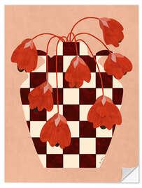 Naklejka na ścianę Checkered Vase with Red Flowers