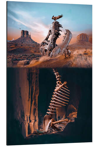 Aluminiumsbilde Dinosaur Skeleton With Native American and Eagle