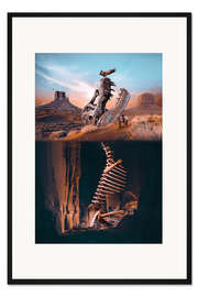 Gerahmter Kunstdruck Dinosaurierskelett mit amerikanischem Ureinwohner und Adler