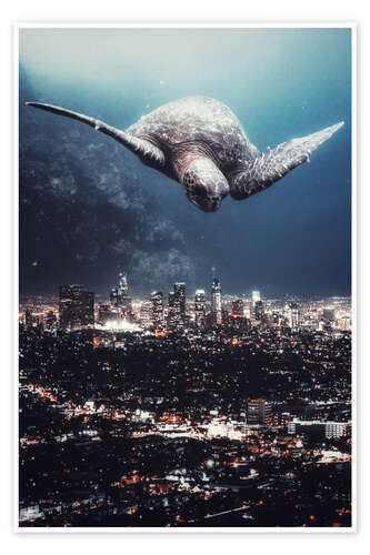 Poster Turtle Flies Over the Urban Seabed