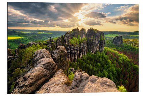 Alubild Schrammsteine im Sonnenuntergang, Elbsandsteingebirge