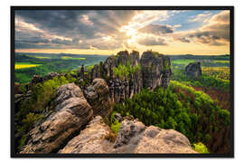 Gerahmter Kunstdruck Schrammsteine im Sonnenuntergang, Elbsandsteingebirge