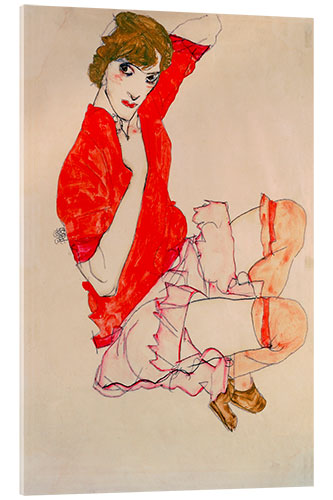 Acrylic print Wally in red blouse with raised knees, 1913