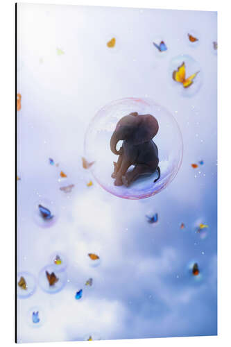 Quadro em alumínio Soap bubbles with baby elephant and butterflies