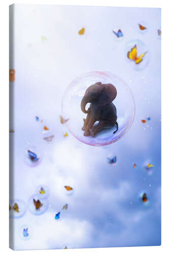 Tableau sur toile Soap bubbles with baby elephant and butterflies