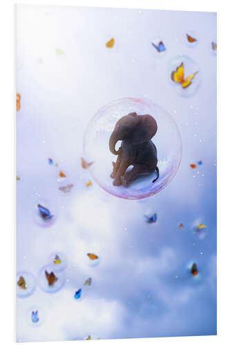 Foam board print Soap bubbles with baby elephant and butterflies