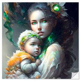 Selvklebende plakat Emerald Mother with Baby