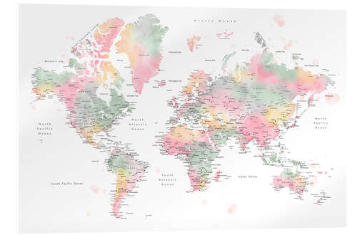 Akryylilasitaulu Pastel Watercolor World Map With Cities (English)