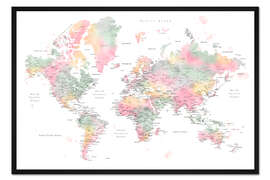 Gerahmter Kunstdruck Pastell Aquarell Weltkarte mit Städten (englisch)