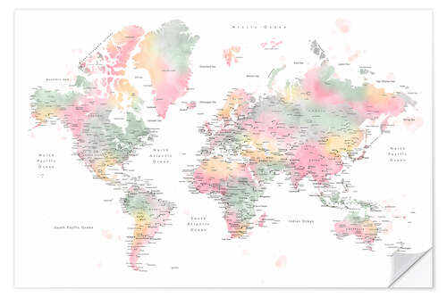 Wall sticker Pastel Watercolor World Map With Cities