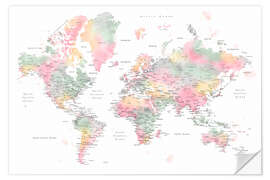 Sticker mural Pastel Watercolor World Map With Cities (English)