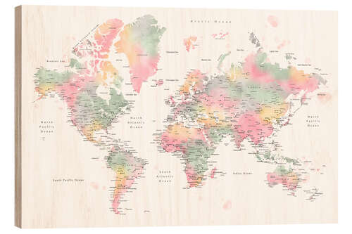 Wood print Pastel Watercolor World Map With Cities