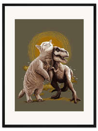Gerahmter Kunstdruck Katze und T-Rex