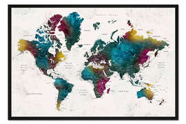Gerahmter Kunstdruck Weltkarte mit Städten (englisch) - Rosana Laiz Blursbyai