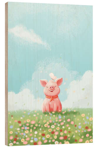 Wood print Cute Pig in the Meadow