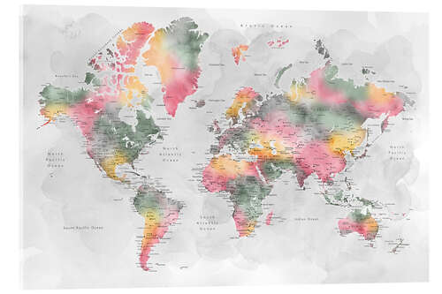 Akrylbilde Watercolor World Map With Cities (English)