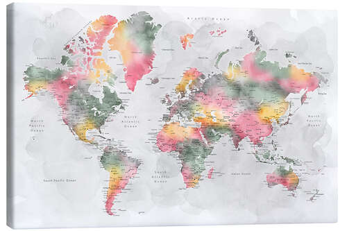 Canvas print Watercolor World Map With Cities