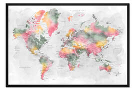 Gerahmter Kunstdruck Aquarell Weltkarte mit Städten (englisch)