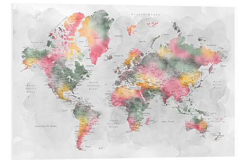 Quadro em PVC Watercolor World Map With Cities (English)