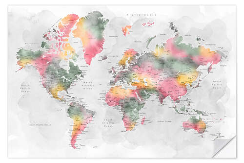 Selvklebende plakat Watercolor World Map With Cities (English)