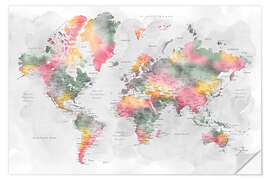 Sticker mural Watercolor World Map With Cities (English)