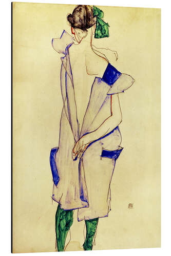 Aluminium print Standing girl in blue dress and green stockings, back view, 1913